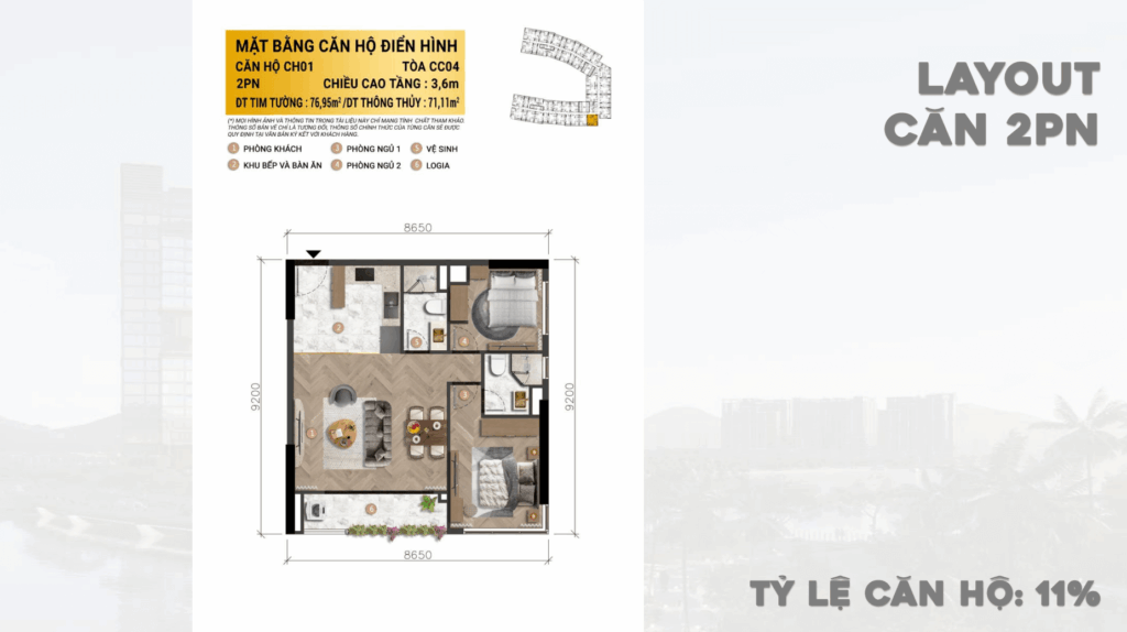 mặt bằng căn hộ 2 phòng ngủ kđt CHARMORA CITY - Sun Nha Trang