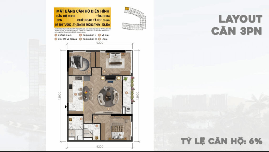 mặt bằng căn hộ 3 phòng ngủ kđt CHARMORA CITY - SunGroup Nha Trang